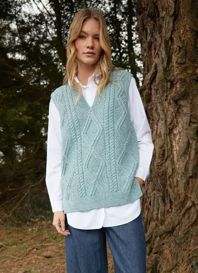 Cara Sleeveless V-Neck Sweater in Aqua Made in Blarney Ireland Hand Linked Hand Finished